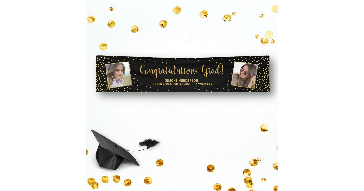 Graduation Congrats Grad 2 Photos Gold Glitter Banner | Zazzle