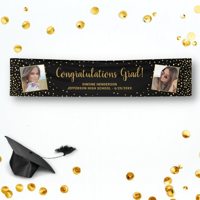 Graduation Congrats Grad 2 Photos Gold Glitter Banner (Creator Uploaded)