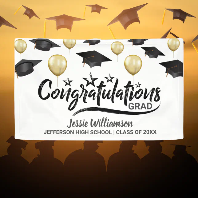 Graduation Congrats Grad Black Gold Balloon Custom Banner | Zazzle