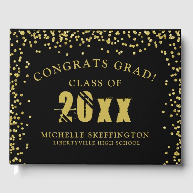 Graduation Congrats Grad Black Gold Confetti Name Guest Book (Front)