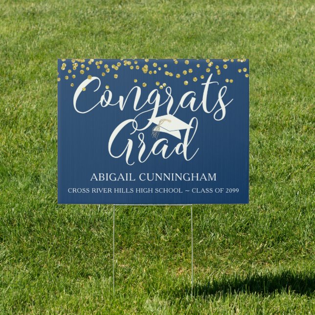 Graduation CONGRATS GRAD Blue Gold Confetti Sign (Insitu)