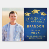 Graduation CONGRATS GRAD Blue Gold Photo Sign | Zazzle