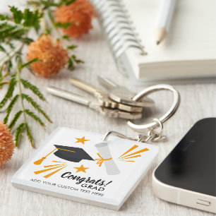 Graduation Congrats Grad Cap Diploma Stars Custom Keychain