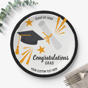 Graduation Congrats Grad Cap Diploma Stars Custom Paper Plates