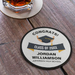 Graduation Congrats Grad Class of 20XX Custom Round Paper Coaster<br><div class="desc">Gradation party paper coaster featuring a Graduation Cap,  banner and custom text.  Add your Class of year,  Student's Name and high school (or other text). Fun,  modern and festive - perfect for your grad's graduation party.</div>