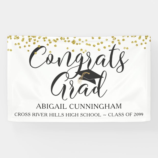 Graduation CONGRATS GRAD Gold Confetti Script Banner (Horizontal)