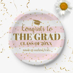 Graduation Congrats Grad Gold Glitter Stripes Paper Plates<br><div class="desc">Celebrate your Graduate with these festive paper plates featuring a fun,  trendy pink and white striped background and your custom text,  accented by faux gold glittery confetti and a gold Grad cap. Perfect for a high school or college graduation party.</div>