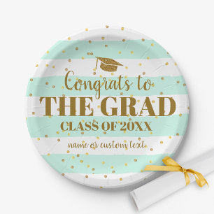Graduation Congrats Grad Gold Glitter Stripes Paper Plates