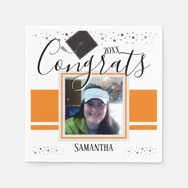 Graduation Congrats GRAD Name and Photo Orange Napkins (Front)