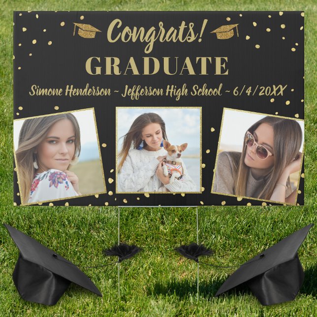 Graduation Congrats Grad Photo Gold Glitter Custom Sign (Creator Uploaded)