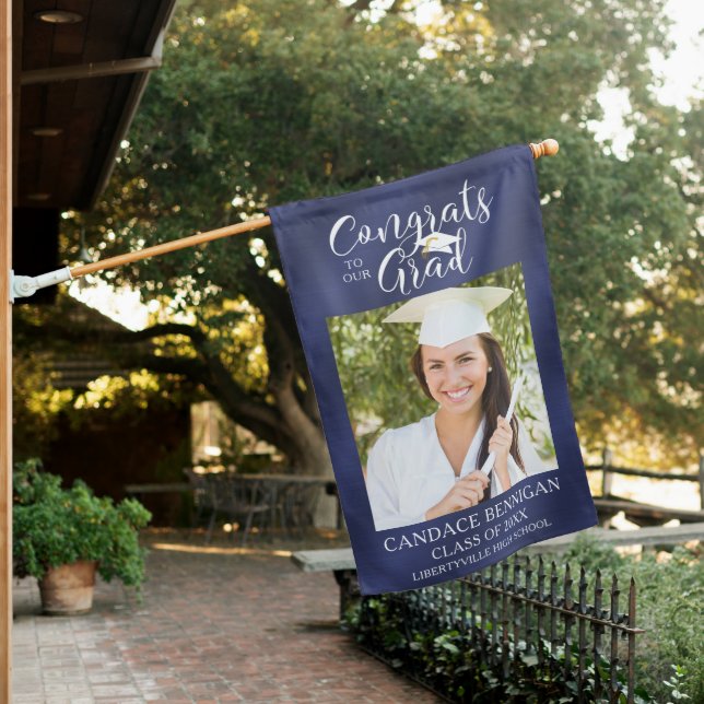 Graduation CONGRATS GRAD Script Navy Blue House Flag (In SItu)