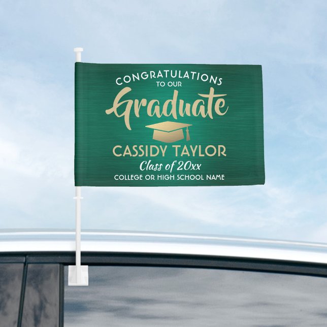 Graduation Congrats Green Gold and White Parade Car Flag (Creator Uploaded)