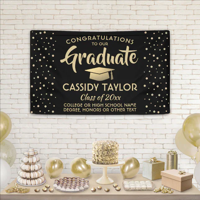 Graduation Congrats Modern Black and Gold Confetti Banner | Zazzle