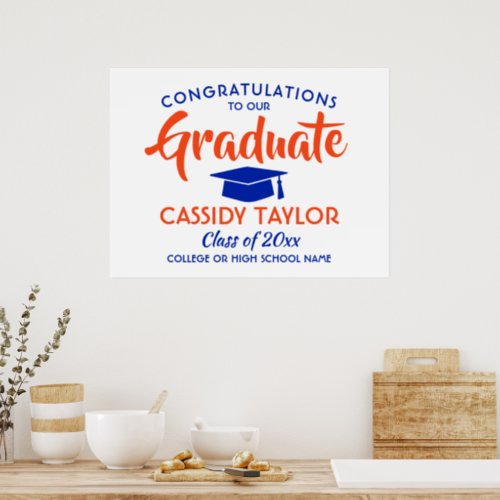 Graduation Congrats Modern Orange Blue and White Poster