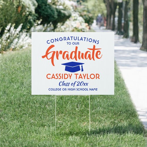 Graduation Congrats Modern Orange Blue White Yard Sign