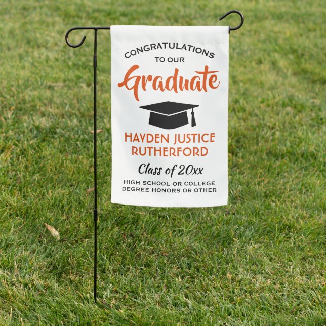 Graduation Congrats Modern Orange White and Black Garden Flag (In SItu)