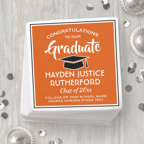 Graduation Congrats Modern Orange White and Black Napkins