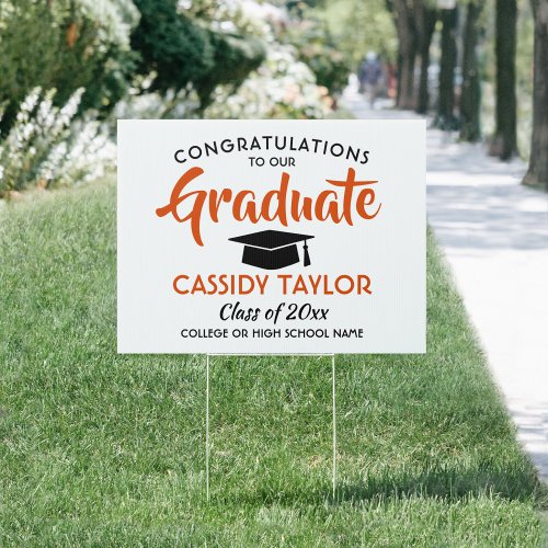 Graduation Congrats Modern Orange White Black Yard Sign