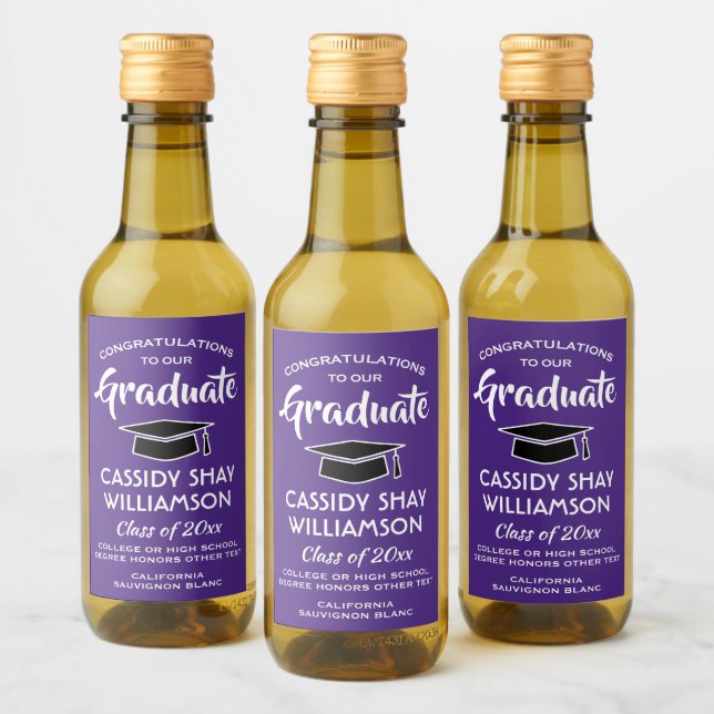 Graduation Congrats Modern Purple and White Mini Wine Label (Bottles)