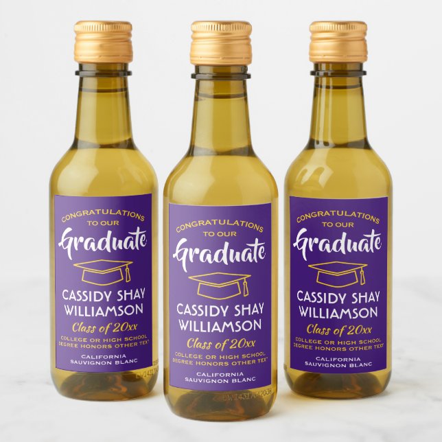 Graduation Congrats Modern Purple Gold Yellow Mini Wine Label (Bottles)