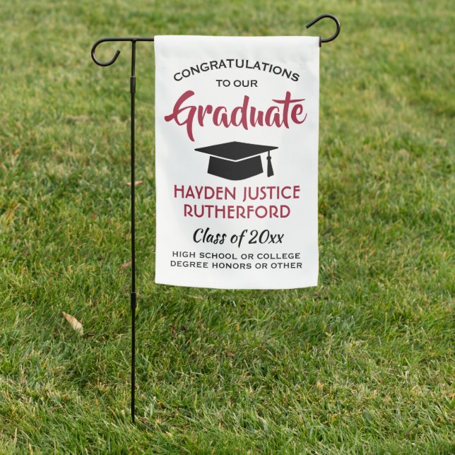 Graduation Congrats Modern Red White and Black Garden Flag (In SItu)