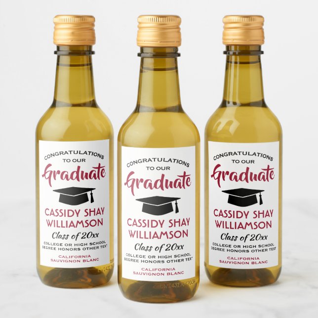 Graduation Congrats Modern Red White & Black Mini Wine Label (Bottles)