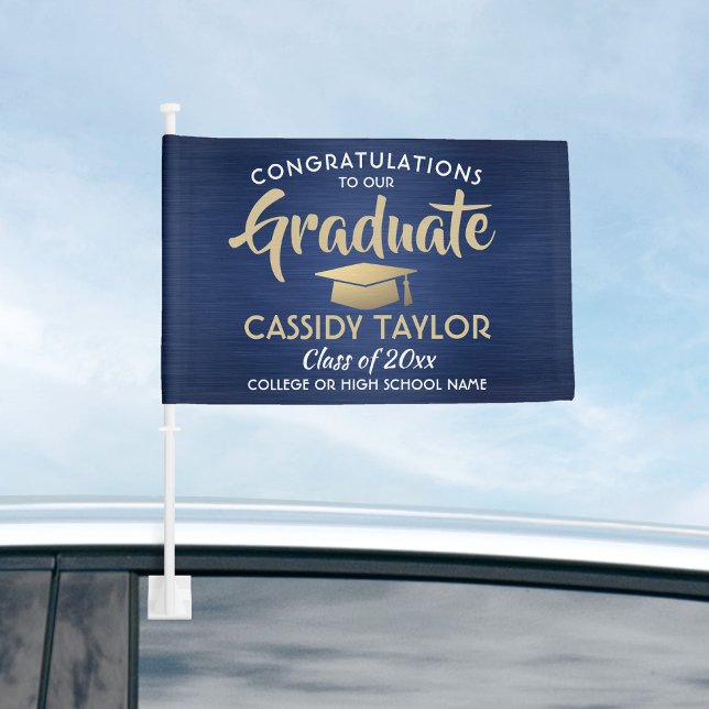 Graduation Congrats Navy Blue Gold & White Parade Car Flag (Creator Uploaded)