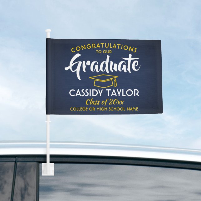 Graduation Congrats Navy Blue Gold Yellow Parade Car Flag (Creator Uploaded)