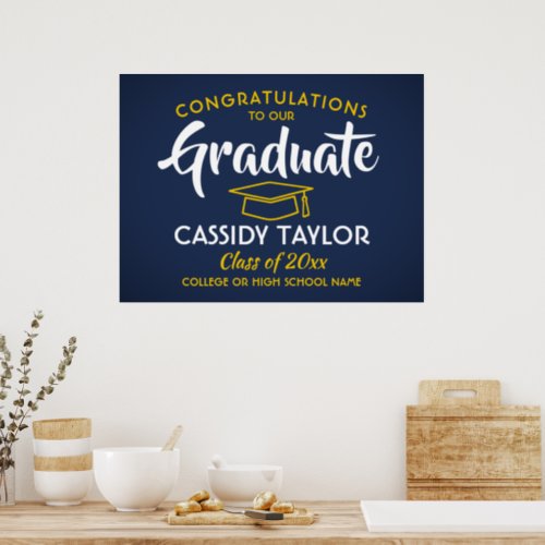 Graduation Congrats Navy Blue Gold Yellow  White Poster