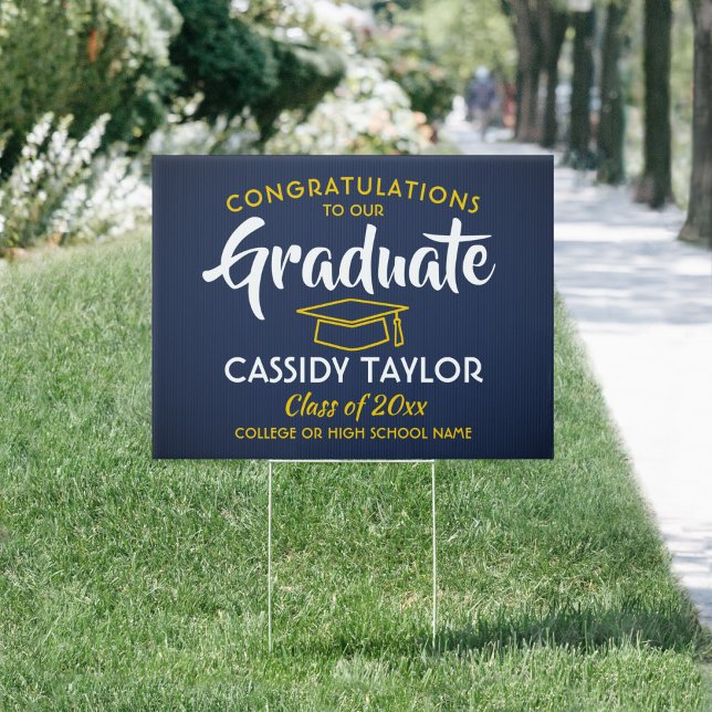Graduation Congrats Navy Blue Gold Yellow Yard Sign (Creator Uploaded)