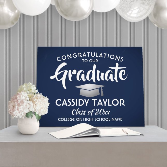 Graduation Congrats Navy Blue White & Faux Silver Foam Board (Creator Uploaded)