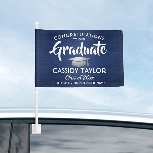 Graduation Congrats Navy Blue White Silver Parade Car Flag