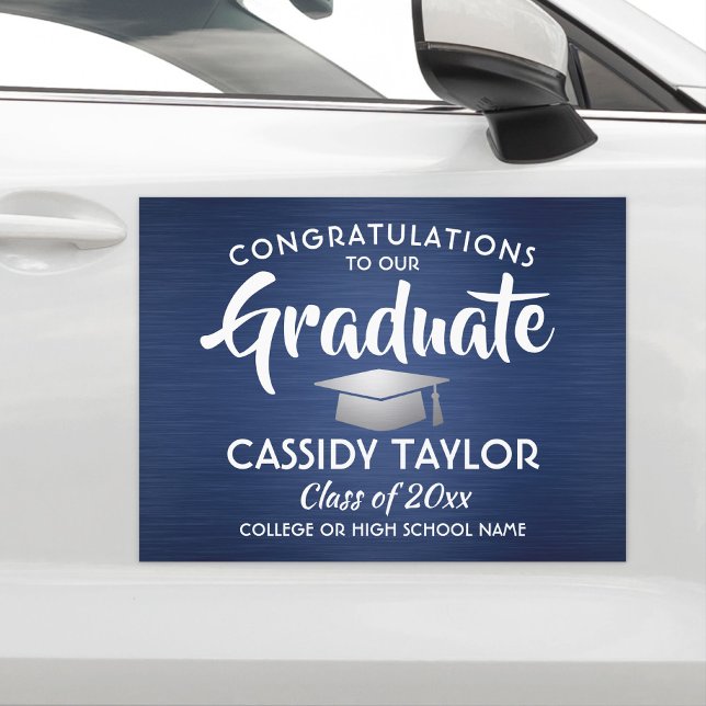 Graduation Congrats Navy Blue White Silver Parade Car Magnet (Creator Uploaded)