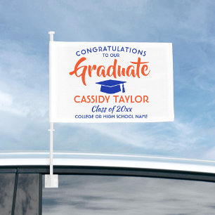 Graduation Congrats Orange and Blue Modern Parade Car Flag