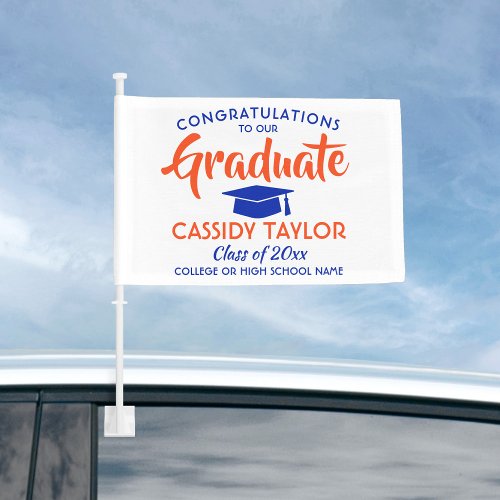 Graduation Congrats Orange and Blue Modern Parade Car Flag