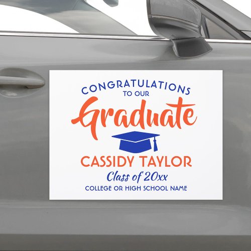 Graduation Congrats Orange Blue and White Parade Car Magnet