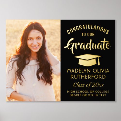 Graduation Congrats Photo Elegant Black and Gold Foil Prints
