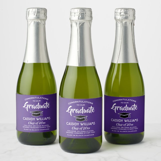 Graduation Congrats Purple and White Mini Split Sparkling Wine Label (Bottles)