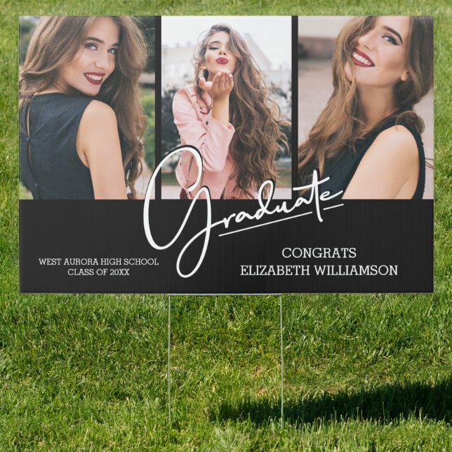 Graduation Congratulations 3 Photo Black Yard Sign (Insitu)