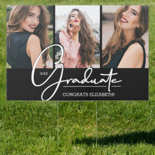 Graduation Congratulations 3 Photo Black Yard Sign