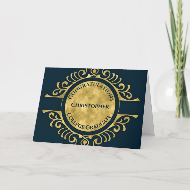 Graduation Congratulations Elegant Blue Gold Card (Front)