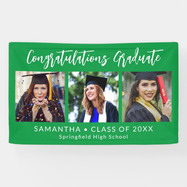 Graduation Congratulations Graduate 3 Photo Green Banner (Horizontal)