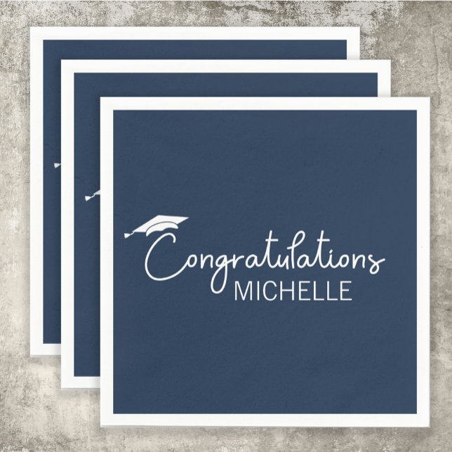 Graduation Congratulations Navy Blue White Script Napkins (Navy blue and white graduation party paper napkin)