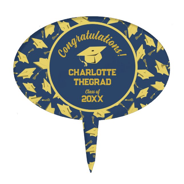 Graduation Congratulations Personalize Blue Gold Cake Topper (Front)
