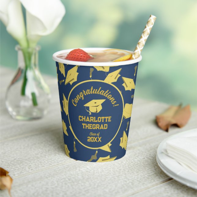 Graduation Congratulations Personalize Blue Gold Paper Cups (Insitu)