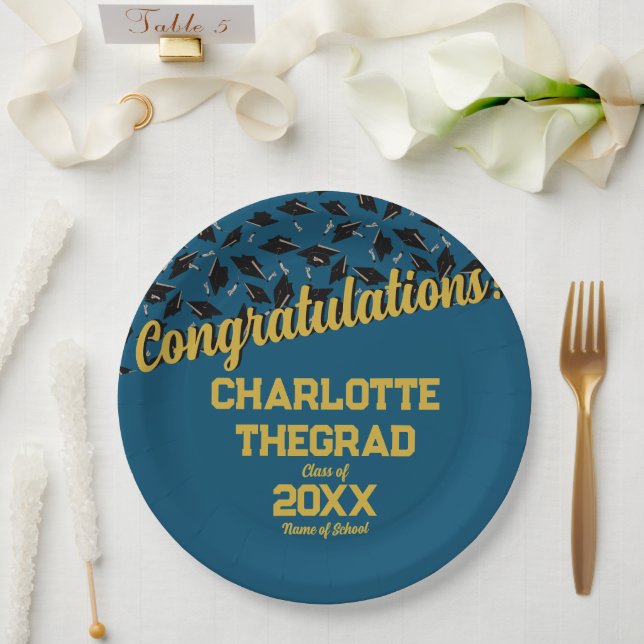 Graduation Congratulations Personalize Blue Gold Paper Plates (Wedding)