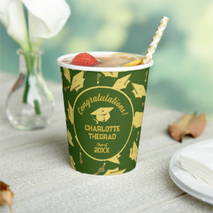 Graduation Congratulations Personalize Green Gold Paper Cups