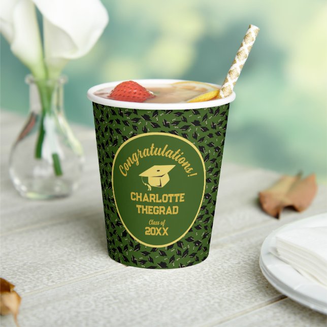 Graduation Congratulations Personalize Green Gold Paper Cups (Insitu)