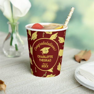 Graduation Congratulations Personalize Maroon Gold Paper Cups