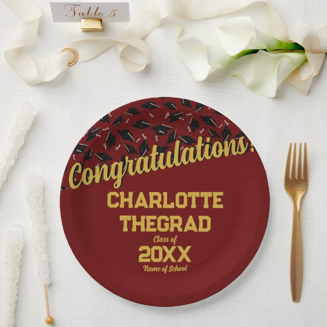 Graduation Congratulations Personalize Maroon Gold Paper Plates (Wedding)